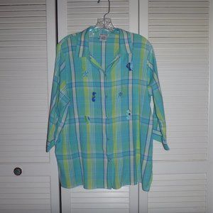 Madras plaid sea creatures cotton shirt size XL
